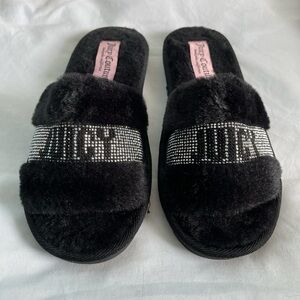 Juicy Couture Black Fur Slippers - vintage Y2K aesthetic loungewear